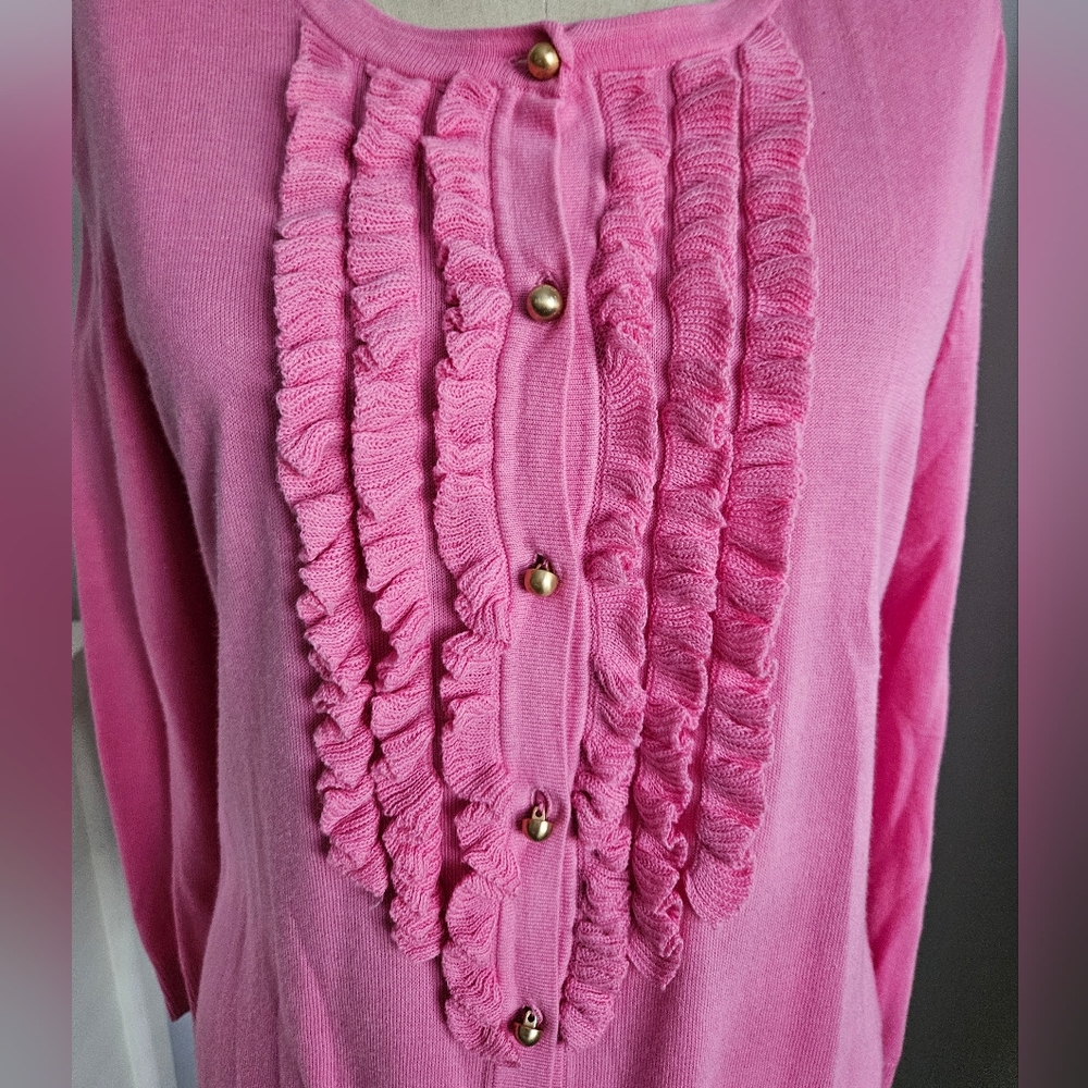 TALBOTS Pink Ruffle Front Gold Button Knit Cardigan | SZ M - Picture 5 of 7